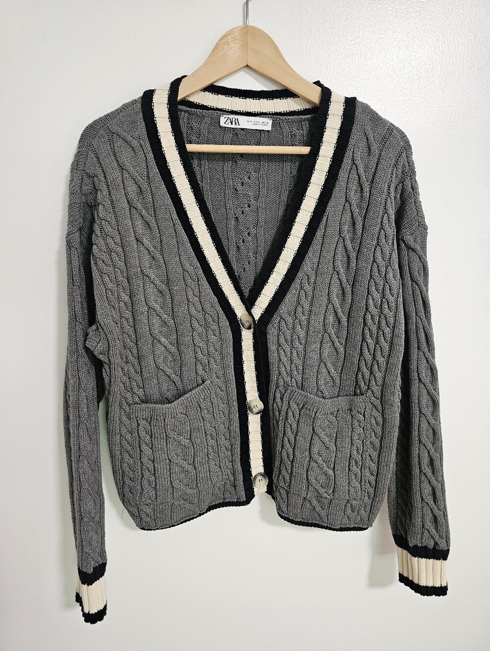 Zara Cable Knit Gray Marl Cardigan Pipped Seams Size S Womens Blogger's Favorite